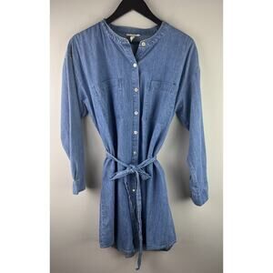 Eileen Fisher Blue Midi Dress with Cuffed Sleeves and Mandarin Collar